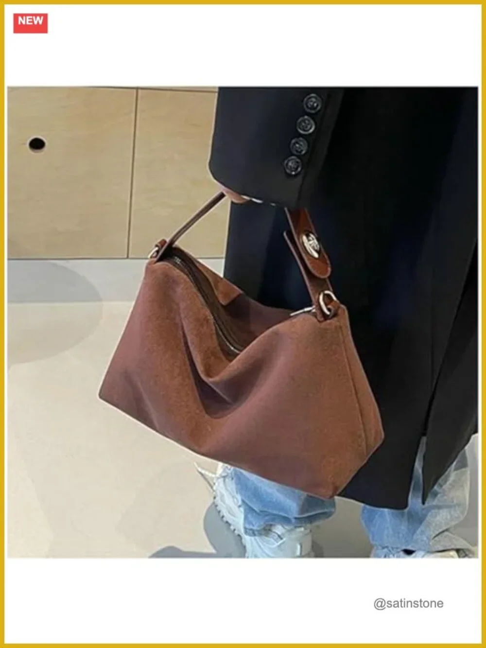 Faux Suede Hobo Tote Bag - Women's Slouchy Handbag with Adjustable Shoulder